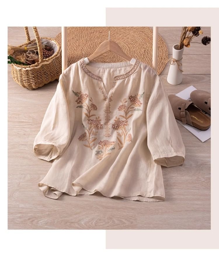 3/4-Sleeve Notch Neck Floral Embroidered Linen Blouse