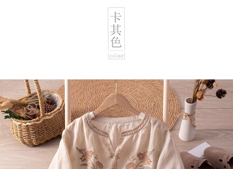 3/4-Sleeve Notch Neck Floral Embroidered Linen Blouse