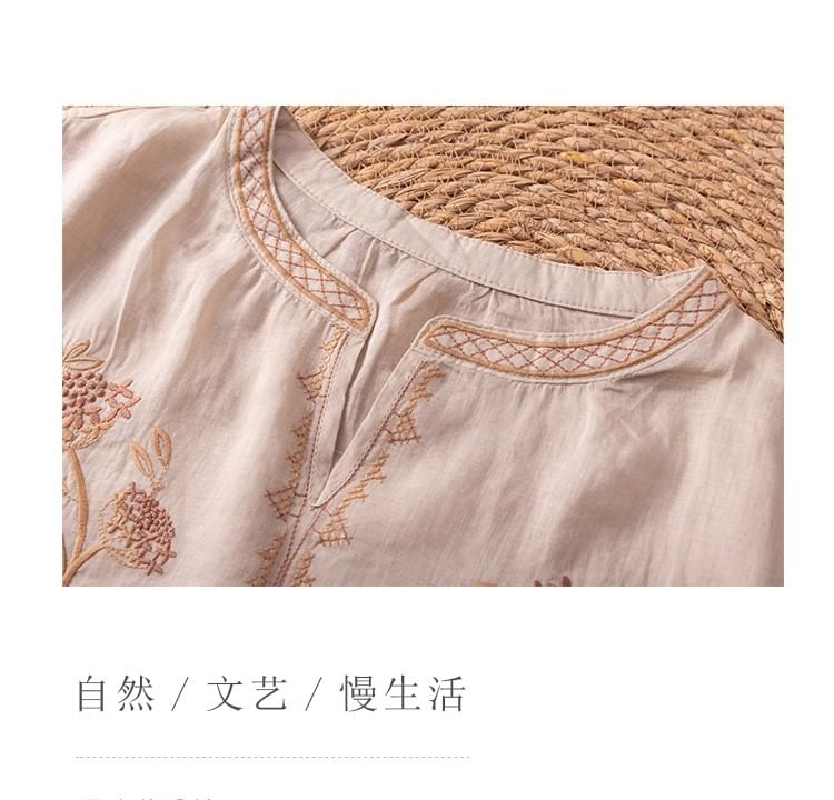 3/4-Sleeve Notch Neck Floral Embroidered Linen Blouse