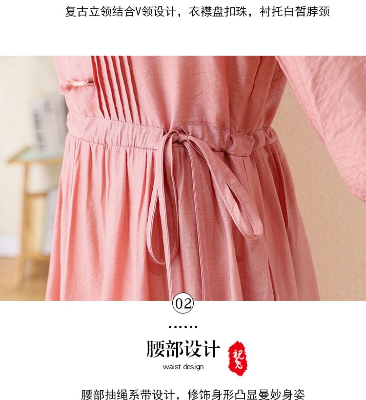 Elbow-Sleeve Notch Neck Plain Bowknot Midi A-Line Dress