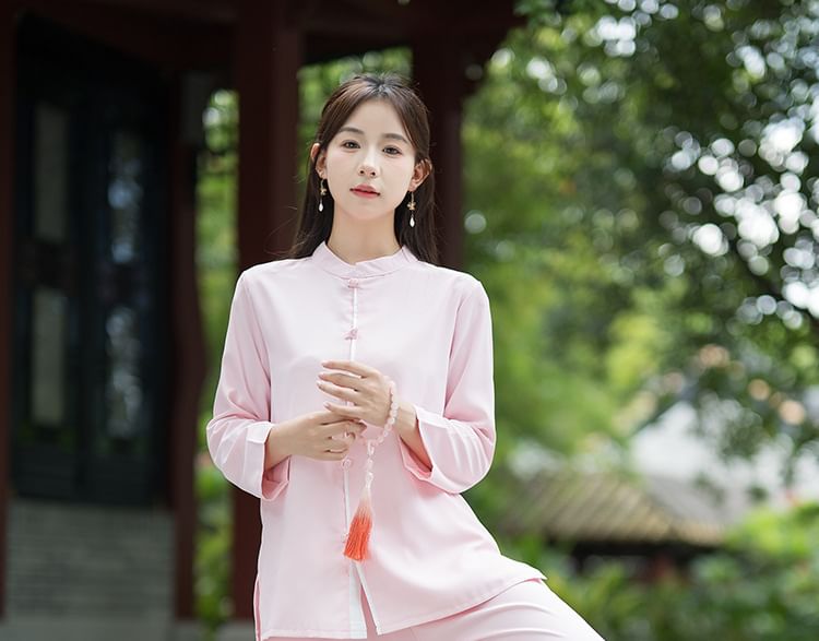 Set: Long-Sleeve Band Collar Plain Hanfu Blouse + Mid Rise Plain Wide Leg Pants