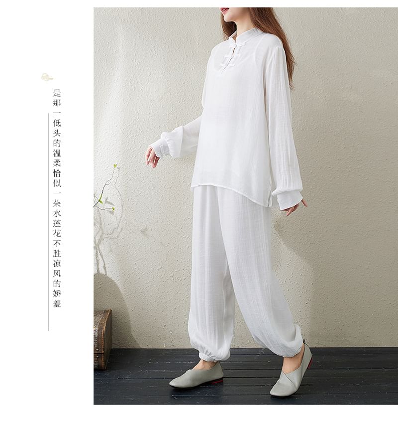 Set: Long-Sleeve Band Collar Plain Hanfu Top + Plain Camisole Top + Mid Rise Plain Harem Pants