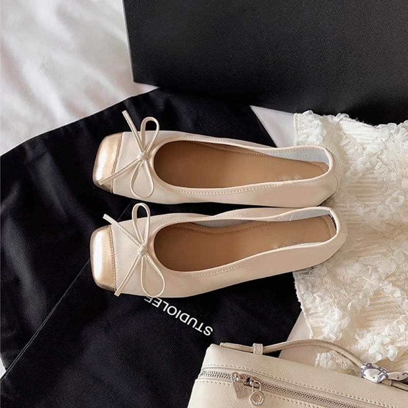 Heel Low Pumps Bow Toe Cap