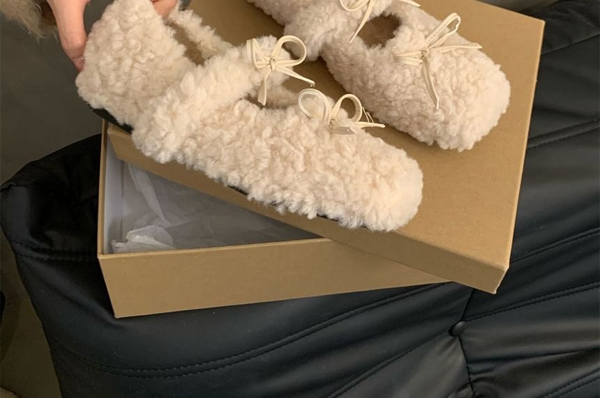 Bow Square Hidden Wedge Shoes Fleece Toe Mary Jane