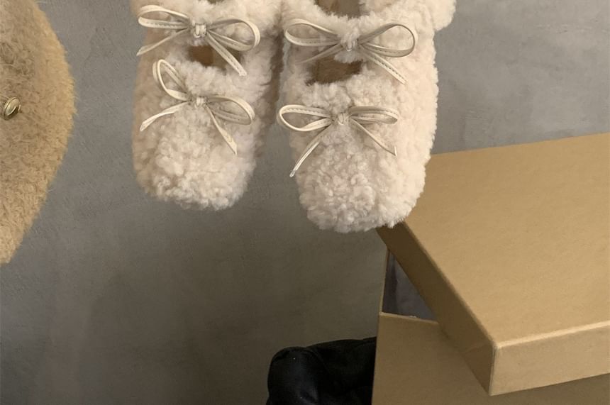 Bow Square Hidden Wedge Shoes Fleece Toe Mary Jane