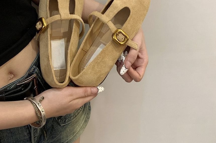 Flats Toe Square Suede T-Strap Faux