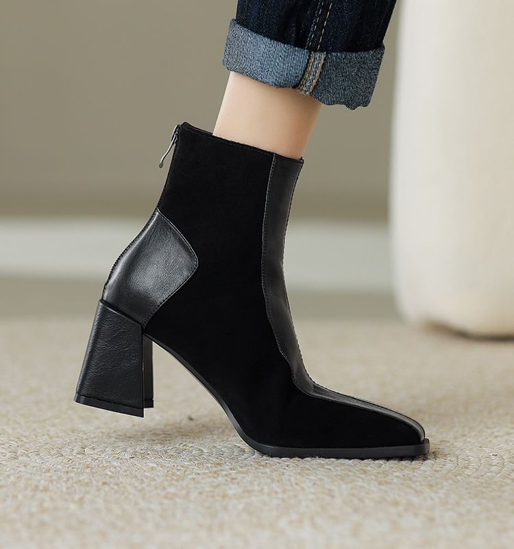 Square Heel Panel Boots Faux Toe Suede Block Short