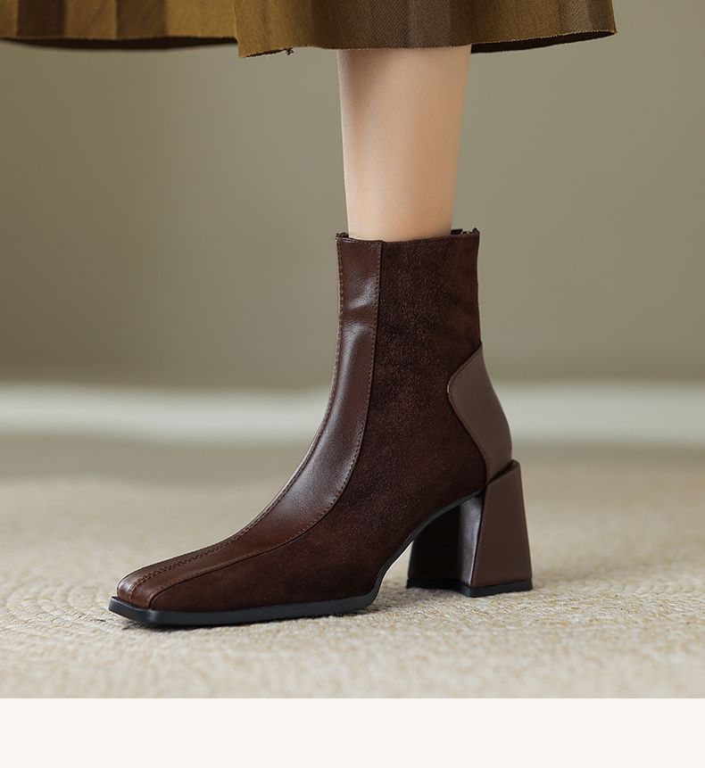 Square Heel Panel Boots Faux Toe Suede Block Short