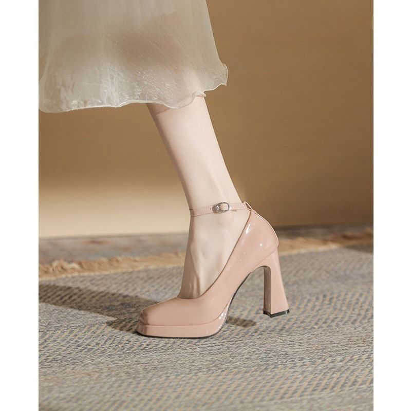 Ankle Pumps Patent Platform Square Strap Toe Leather