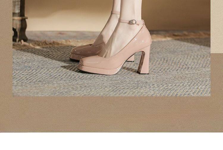 Ankle Pumps Patent Platform Square Strap Toe Leather