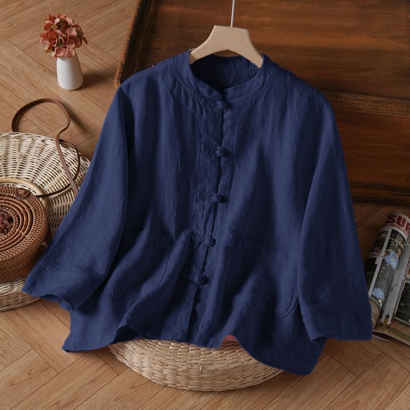 3/4-Sleeve Band Collar Plain Hanfu Linen Shirt