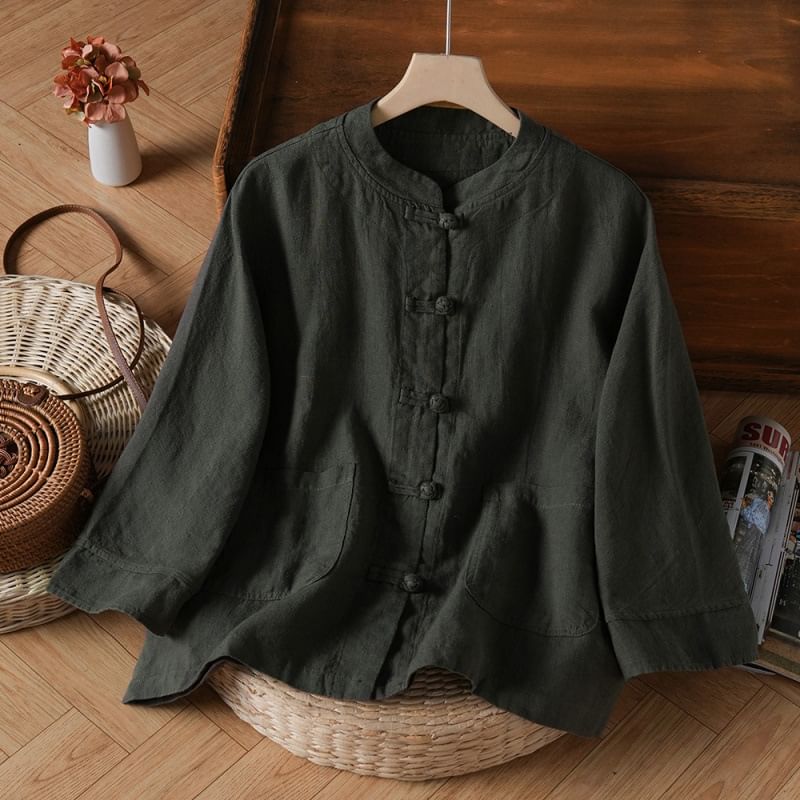 3/4-Sleeve Band Collar Plain Hanfu Linen Shirt