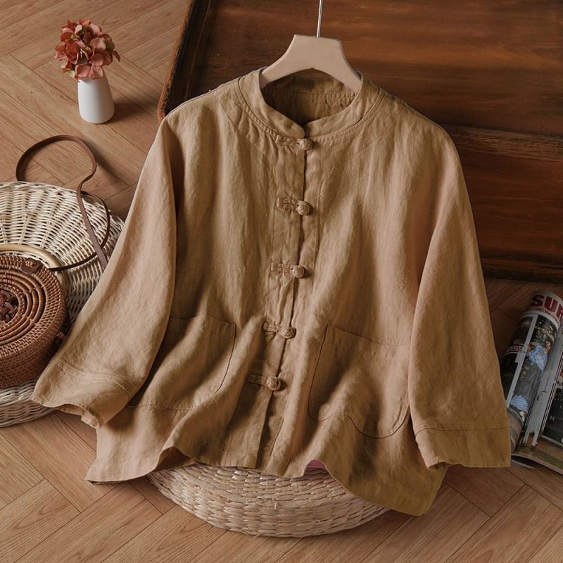 3/4-Sleeve Band Collar Plain Hanfu Linen Shirt