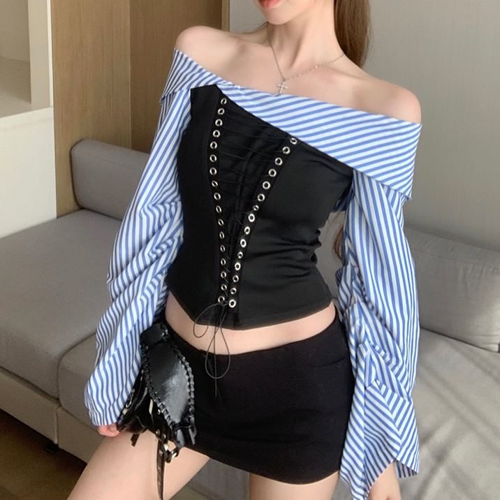 Blouse Flared-Sleeve Cropped Striped Lace-Up Off-Shoulder