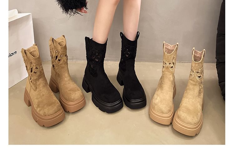 Platform Embroidered Cutout Short Boots