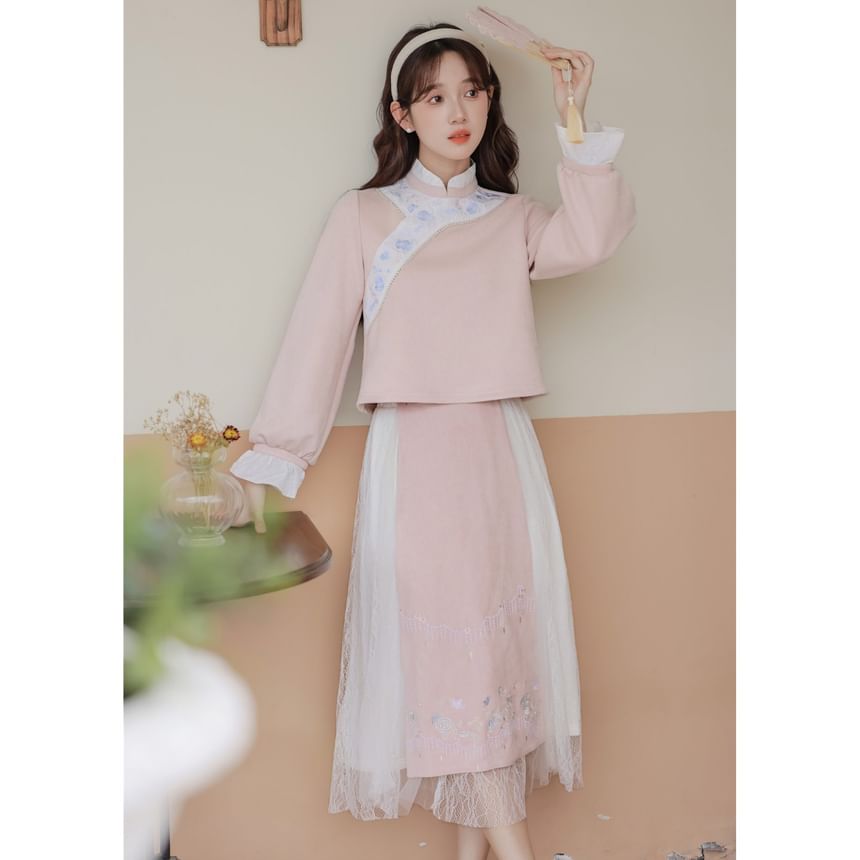 Set: Long-Sleeve Embroidered Flower Hanfu Top + Mid Rise Plain Lace Midi A-Line Skirt