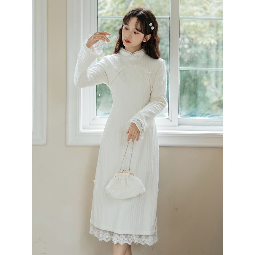 Long Sleeve Stand Collar Plain Lace Trim Ribbed Knitted Midi A-Line Dress