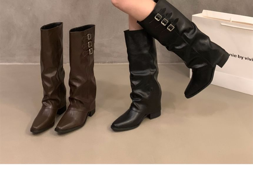 Block Heel Adjustable Buckled Tall Boots