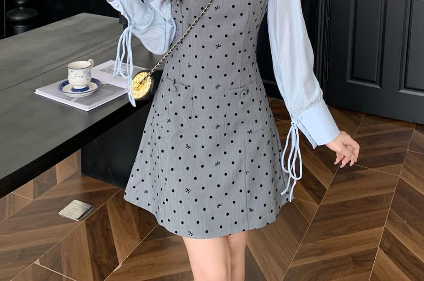 Long Sleeve Collared Dotted Mock Two Piece A-Line Dress