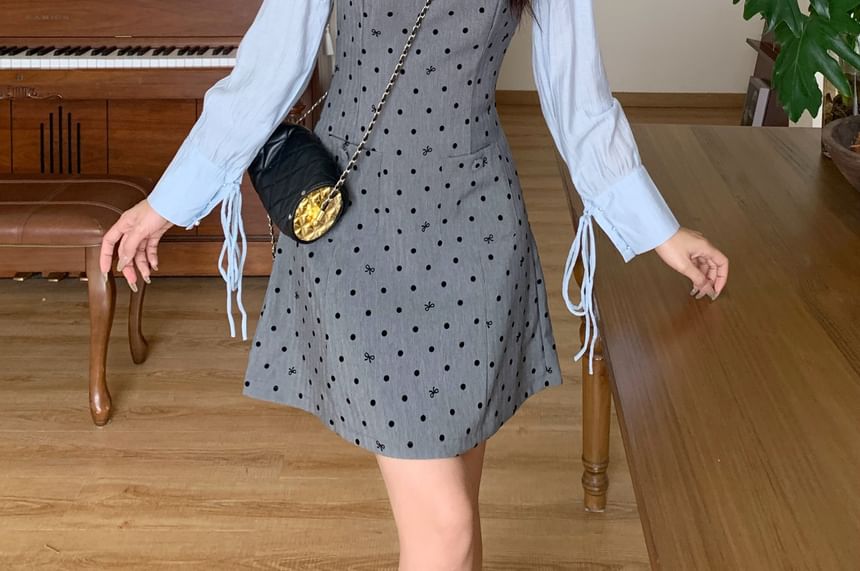 Long Sleeve Collared Dotted Mock Two Piece A-Line Dress