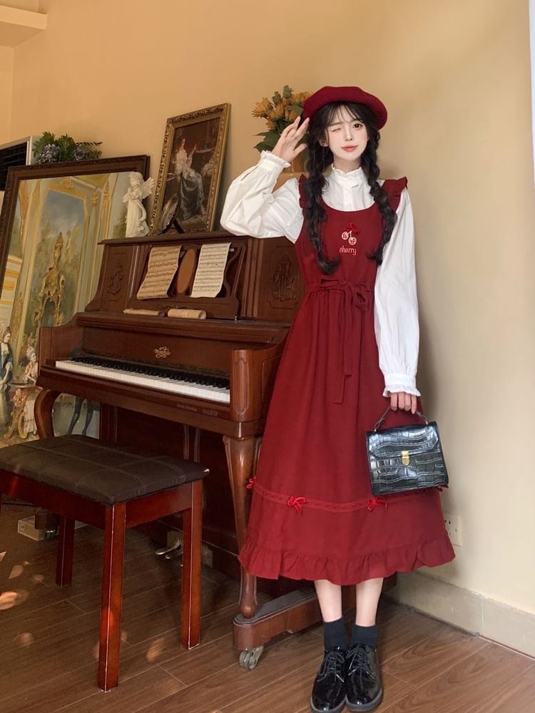 Long Sleeve Stand Collar Plain Frill Blouse / Cherry Embroidered Bow Ruffle Midi A-Line Overall Dress