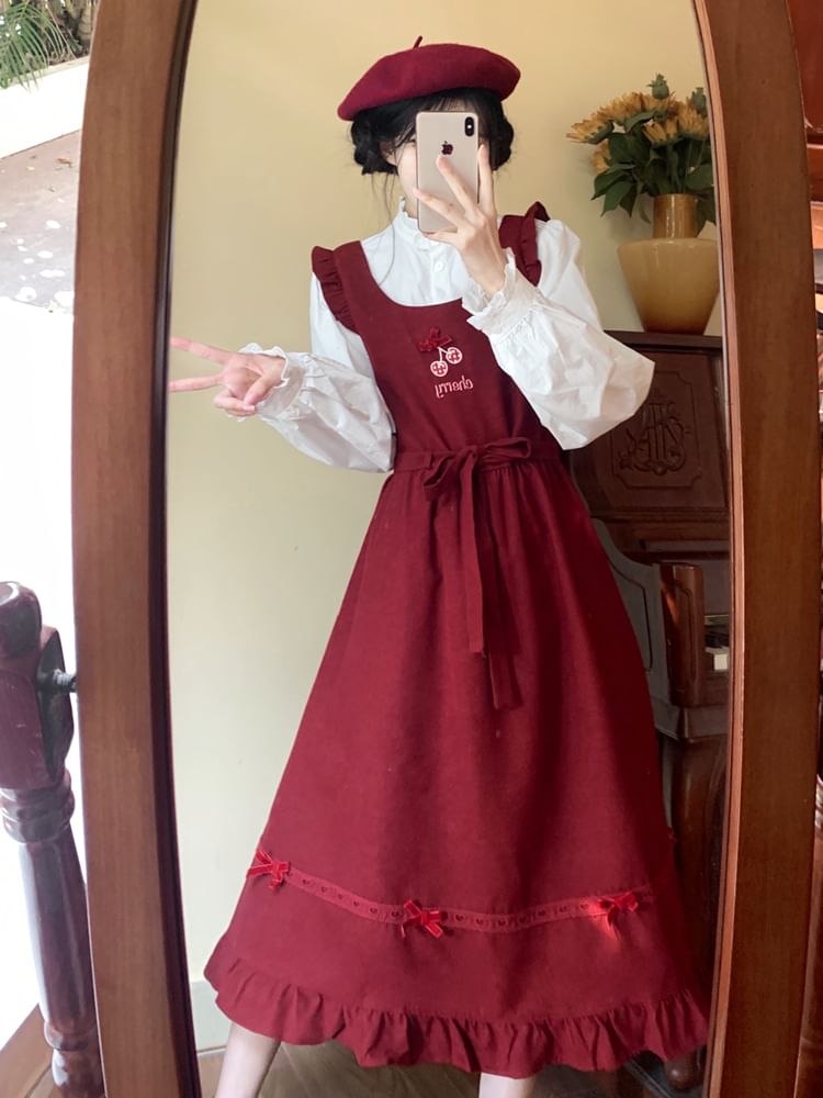 Long Sleeve Stand Collar Plain Frill Blouse / Cherry Embroidered Bow Ruffle Midi A-Line Overall Dress