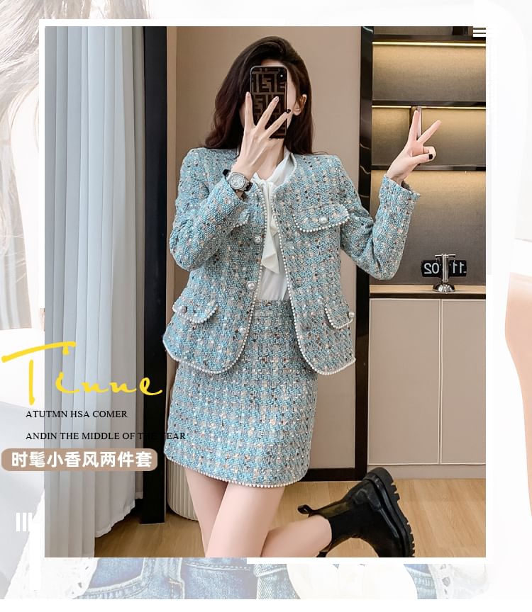 Set: Crew Neck Faux Pearl Buttoned Tweed Jacket + High Waist Mini Pencil Skirt