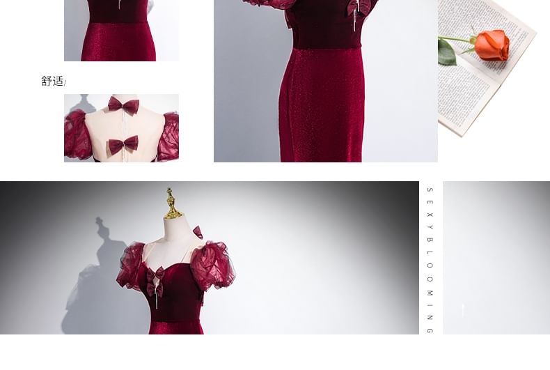 Short-Sleeve Sweetheart Neckline Trained Velvet Sheath Evening Gown