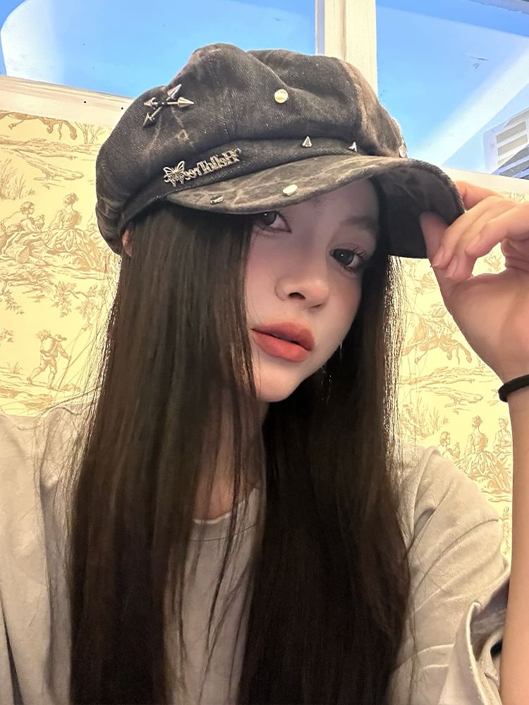 Star Applique Studded Denim Newsboy Cap