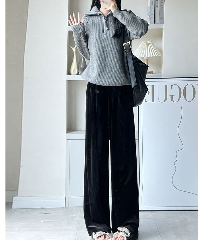 Velvet High Waist Elastic Waist Drape Wide Leg Pants