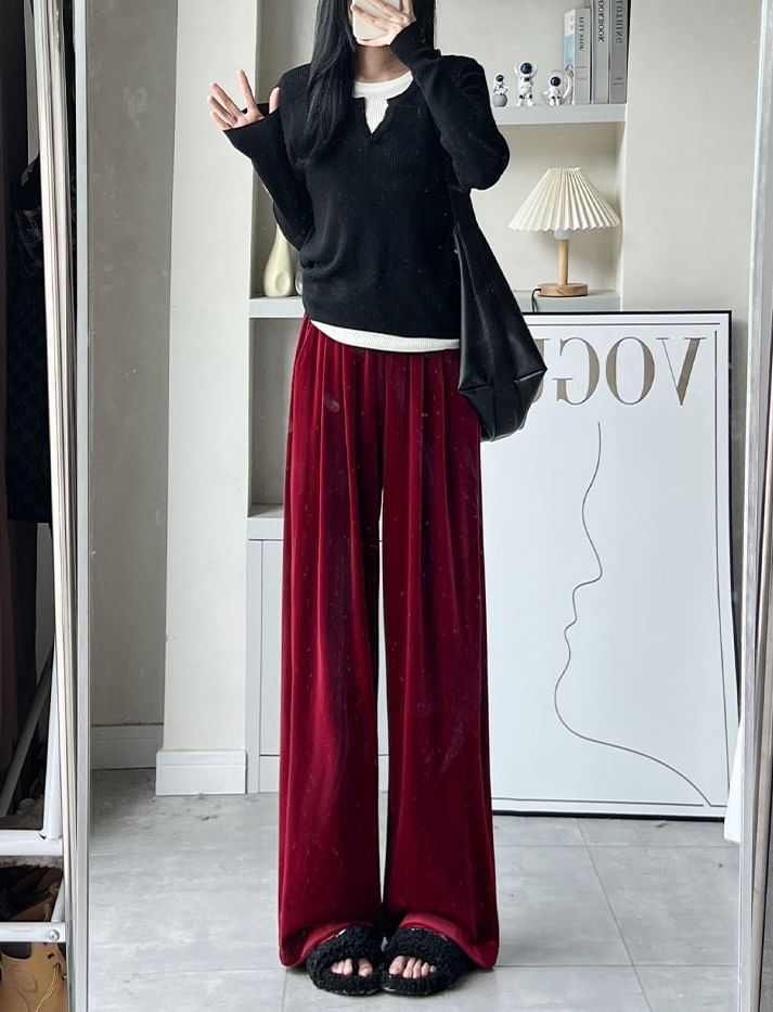 Velvet High Waist Elastic Waist Drape Wide Leg Pants