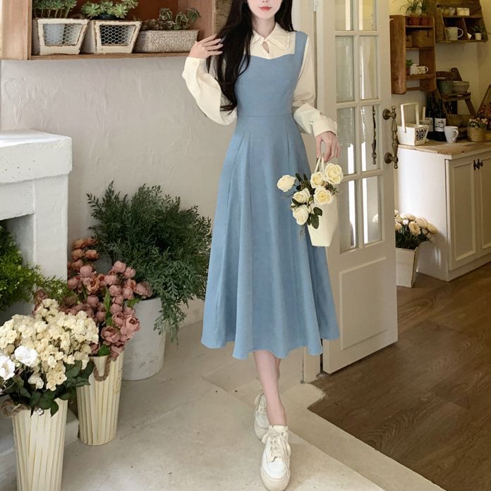 Dress A-Line Midi Two Mock Two-Piece Long-Sleeve Tone