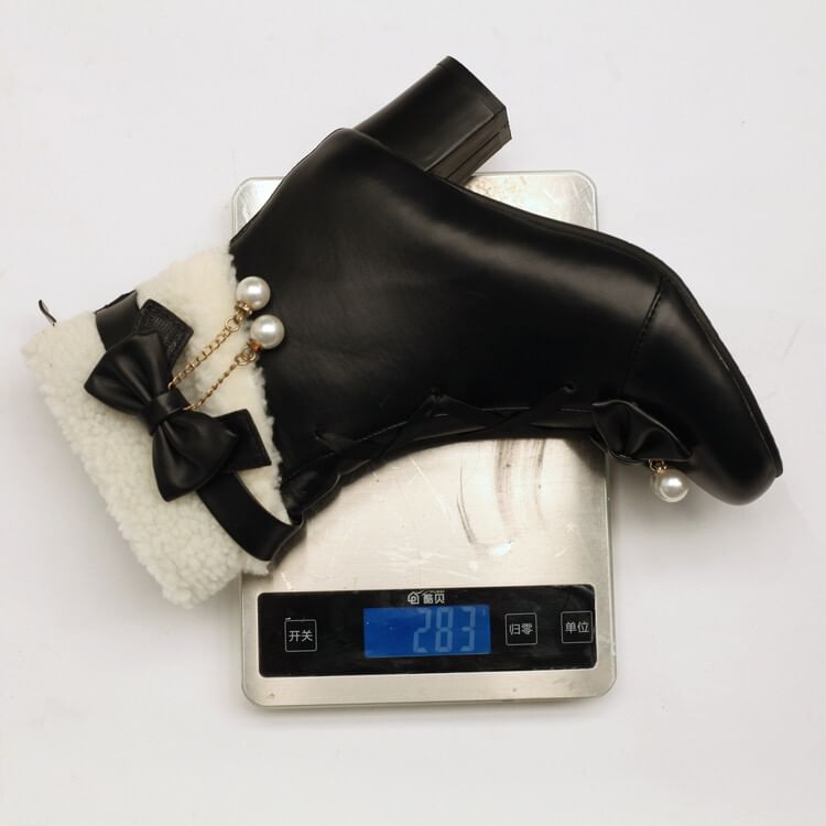 Fleece Heel Chunky Bow Panel Boots Short