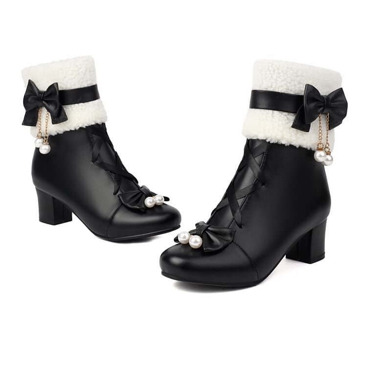 Fleece Heel Chunky Bow Panel Boots Short