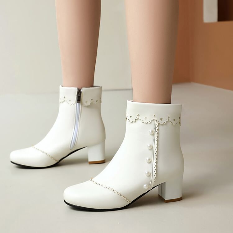 Short Faux Boots Heel Chunky Pearl