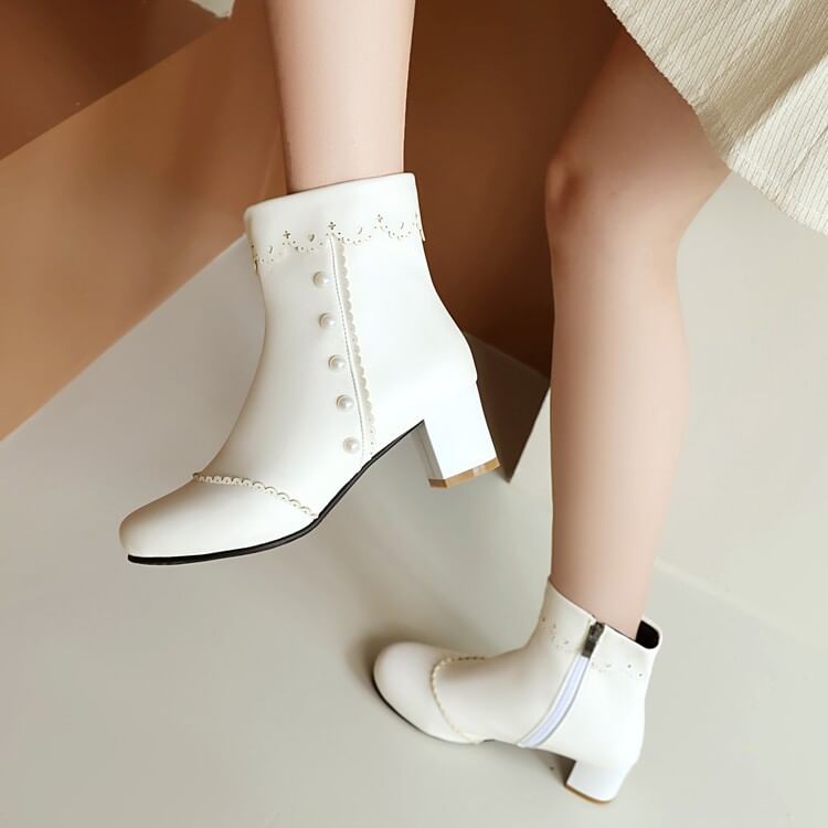 Short Faux Boots Heel Chunky Pearl