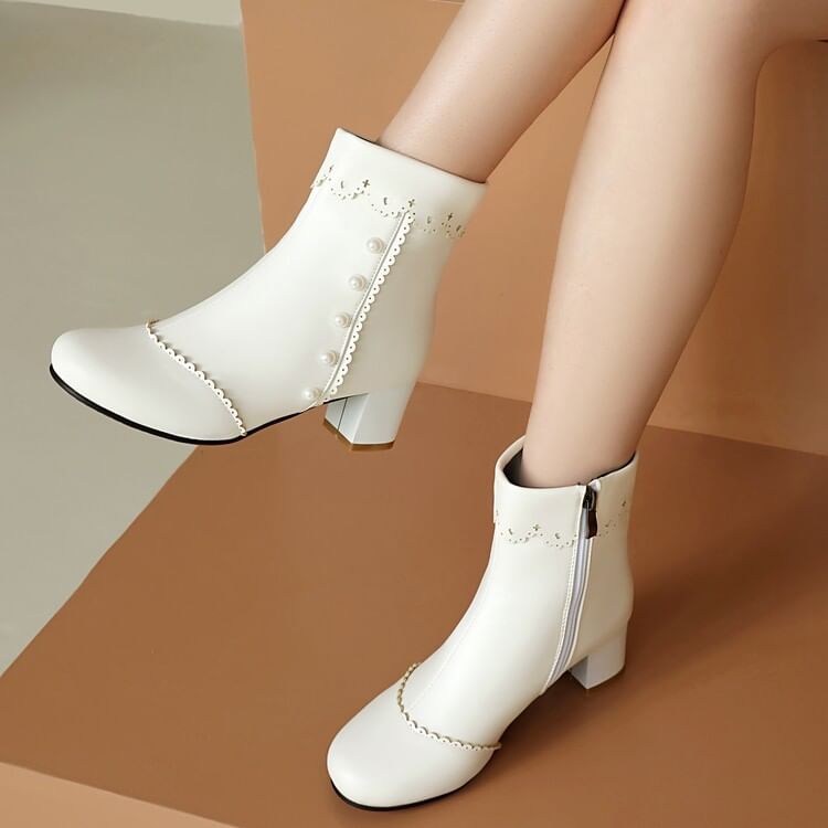 Short Faux Boots Heel Chunky Pearl