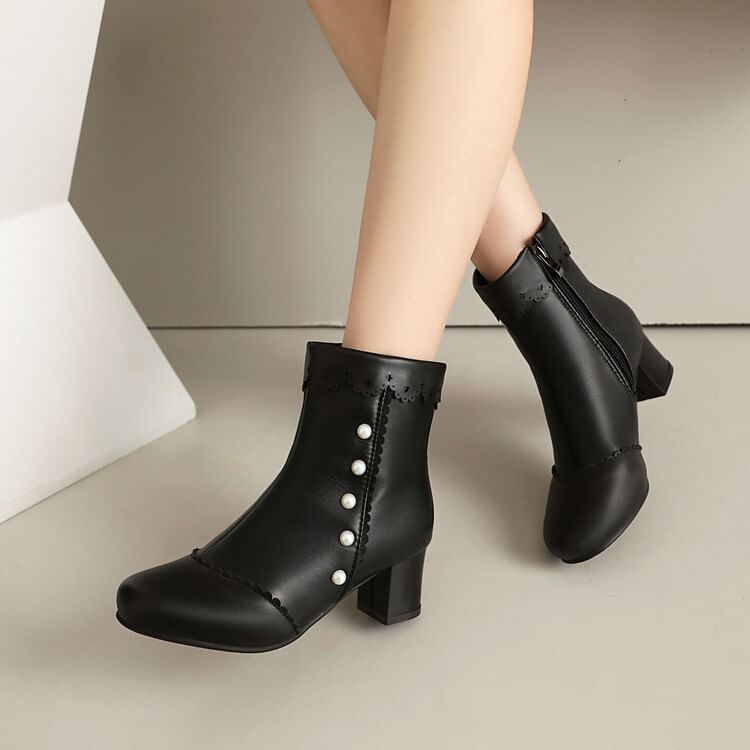 Short Faux Boots Heel Chunky Pearl