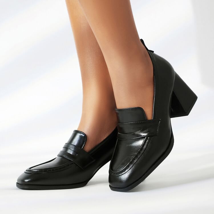 Chunky Faux Loafers Leather Penny Heel