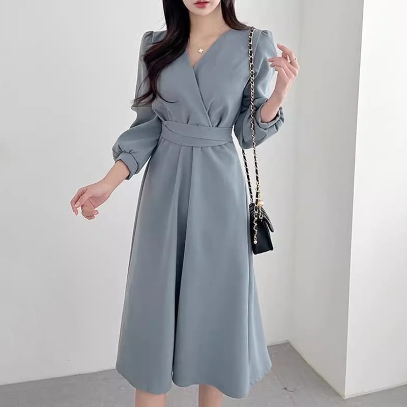 Puff-Sleeve V-Neck Plain Midi A-Line Dress