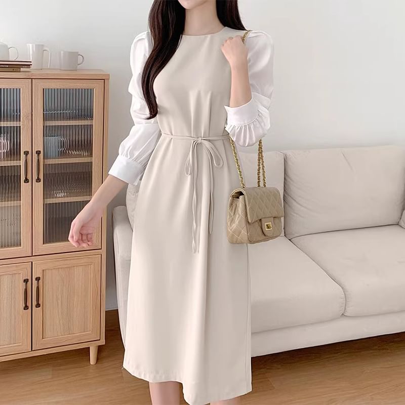 Puff-Sleeve Crew Neck Plain Tie Waist Midi Sheath Dress