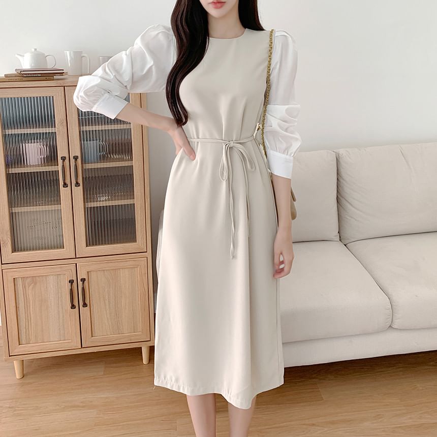 Puff-Sleeve Crew Neck Plain Tie Waist Midi Sheath Dress