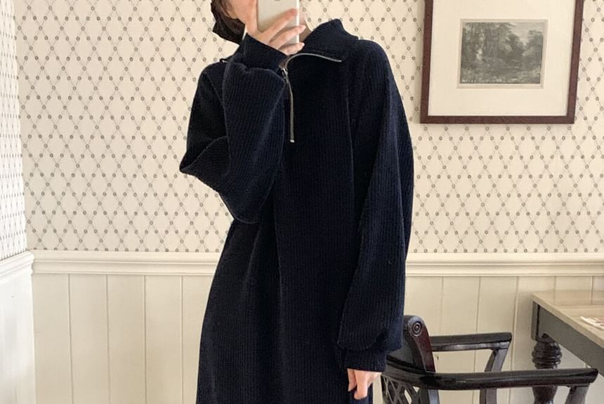 Long-Sleeve Half-Zip Plain Ribbed Maxi Sweater Dress