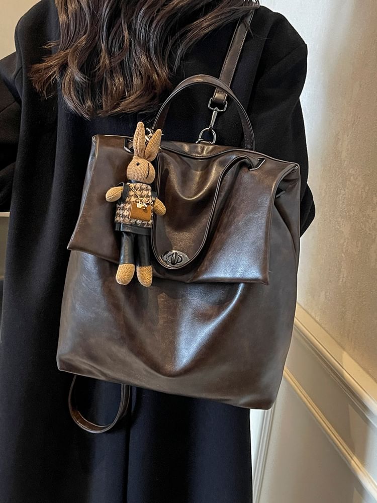 Faux Leather Flap With Charm Backpack