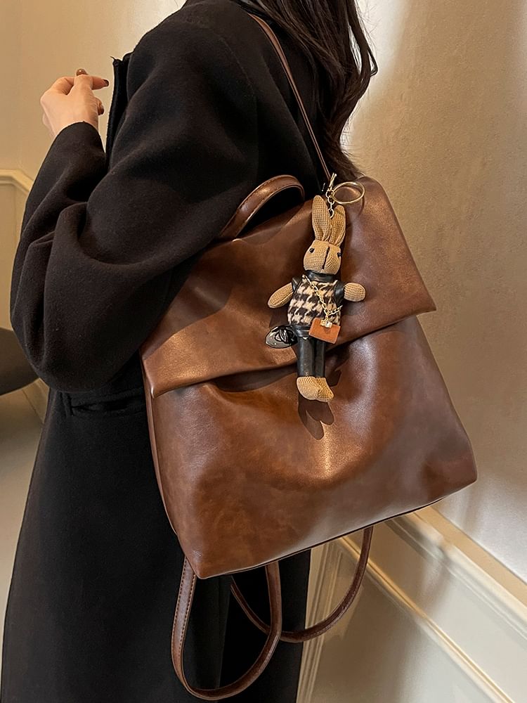 Faux Leather Flap With Charm Backpack