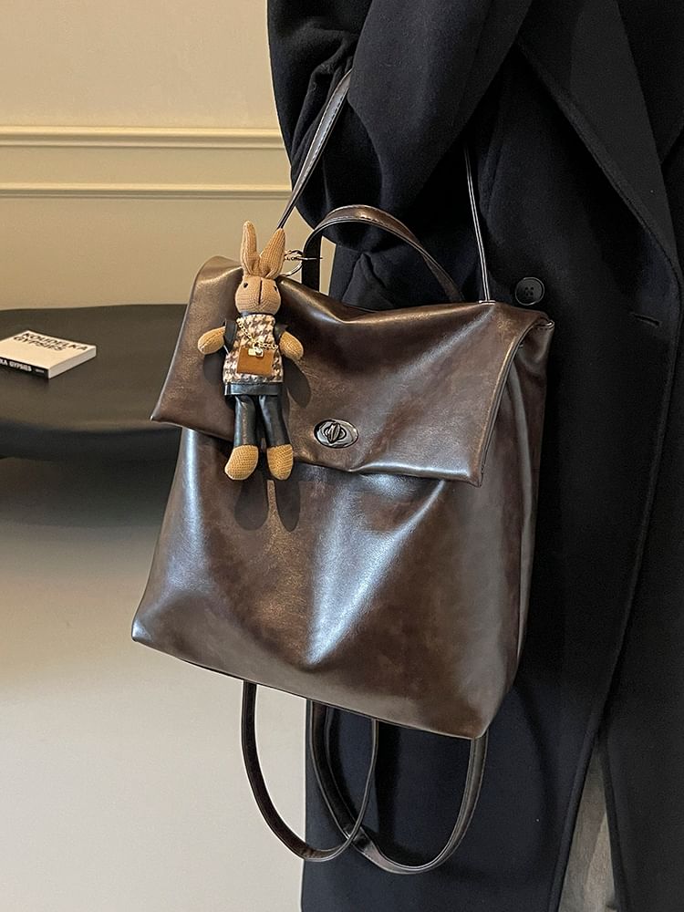 Faux Leather Flap With Charm Backpack