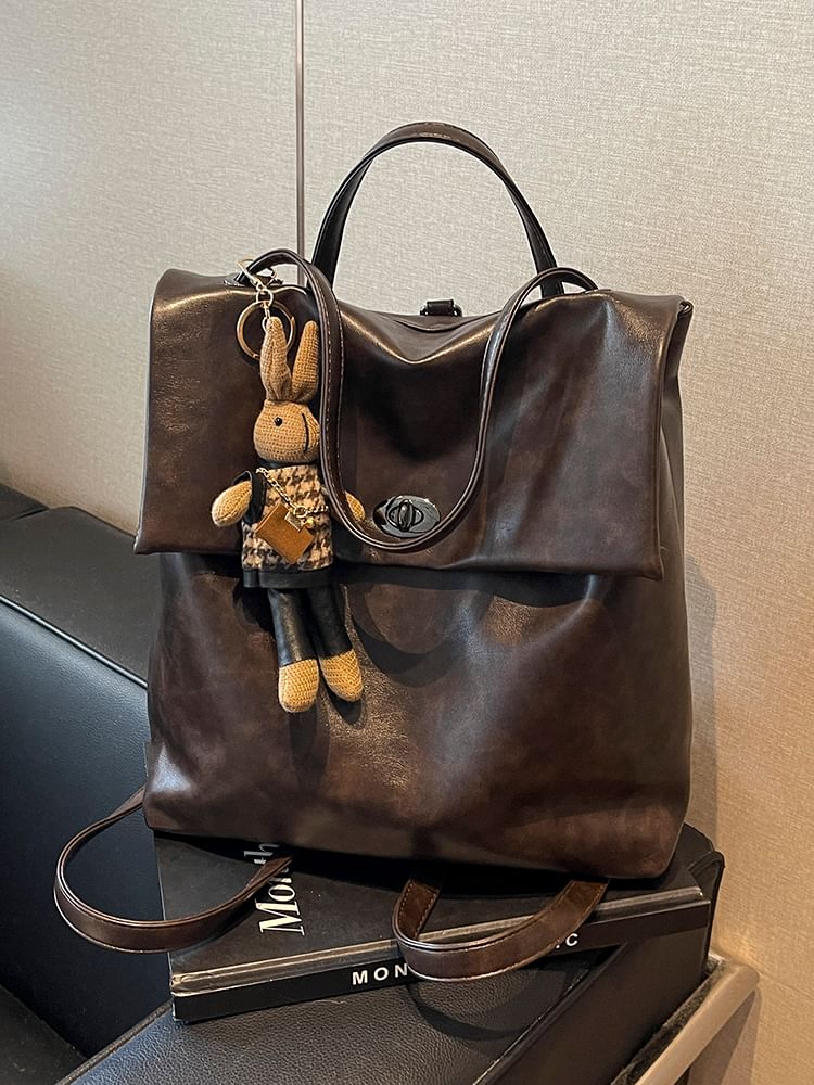 Faux Leather Flap With Charm Backpack