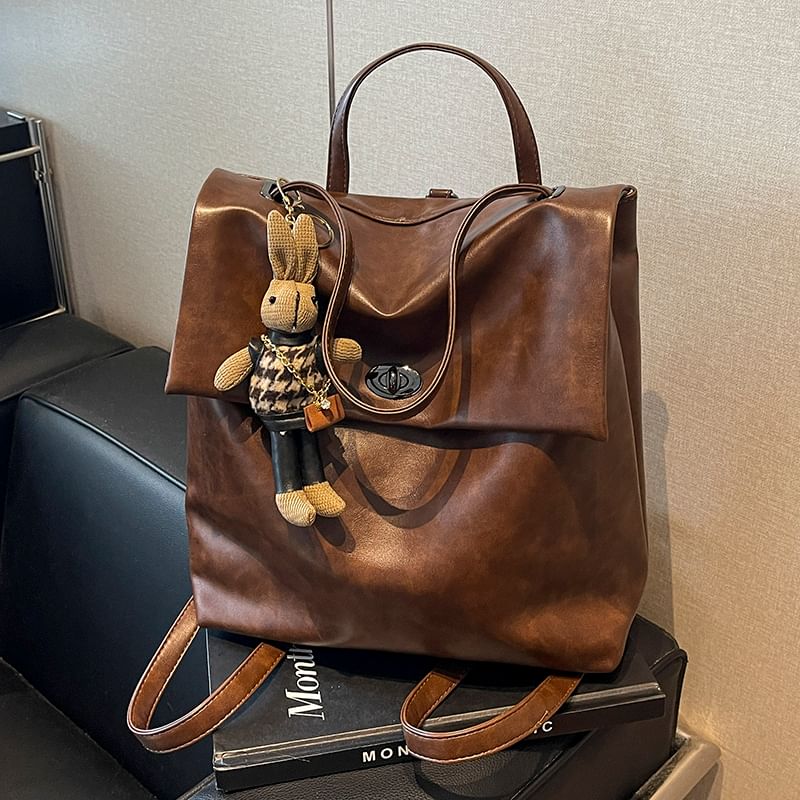 Faux Leather Flap With Charm Backpack