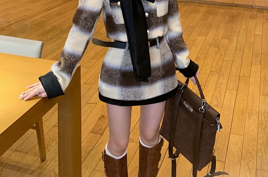 Bow Rise Accent Pencil Skirt High Crew Mini Neck / Contrast Button-Up Crop Jacket Trim Plaid