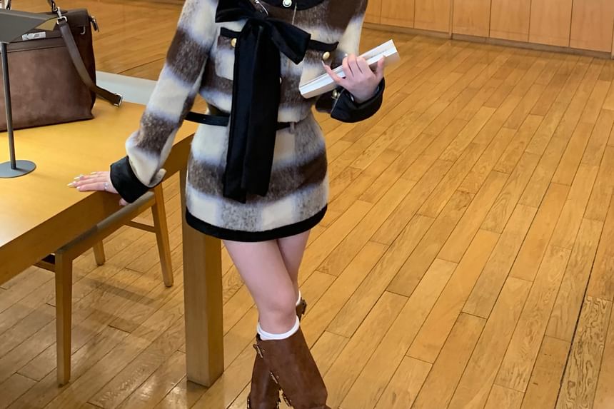 Bow Rise Accent Pencil Skirt High Crew Mini Neck / Contrast Button-Up Crop Jacket Trim Plaid